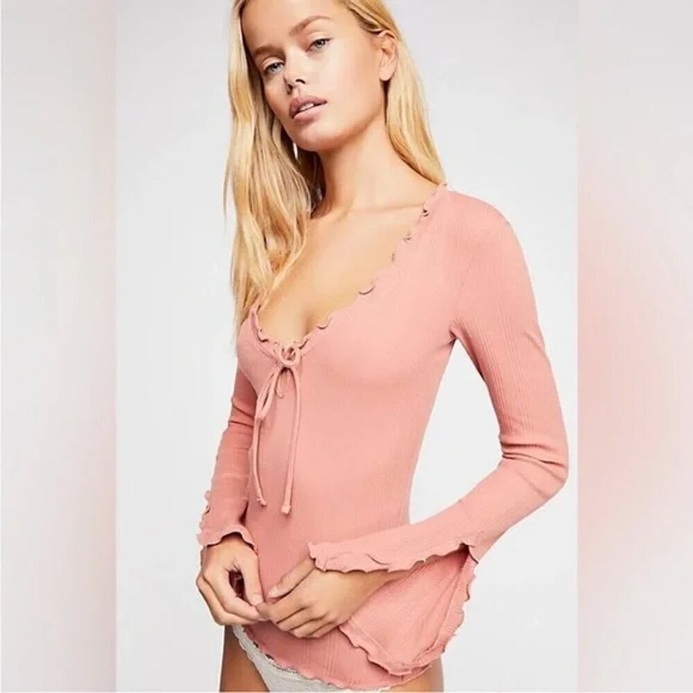 Free People Falling For You Long Sleeve Top Pink Orange Women M